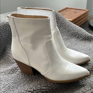 Soda White Ankle Booties with Brown Heel